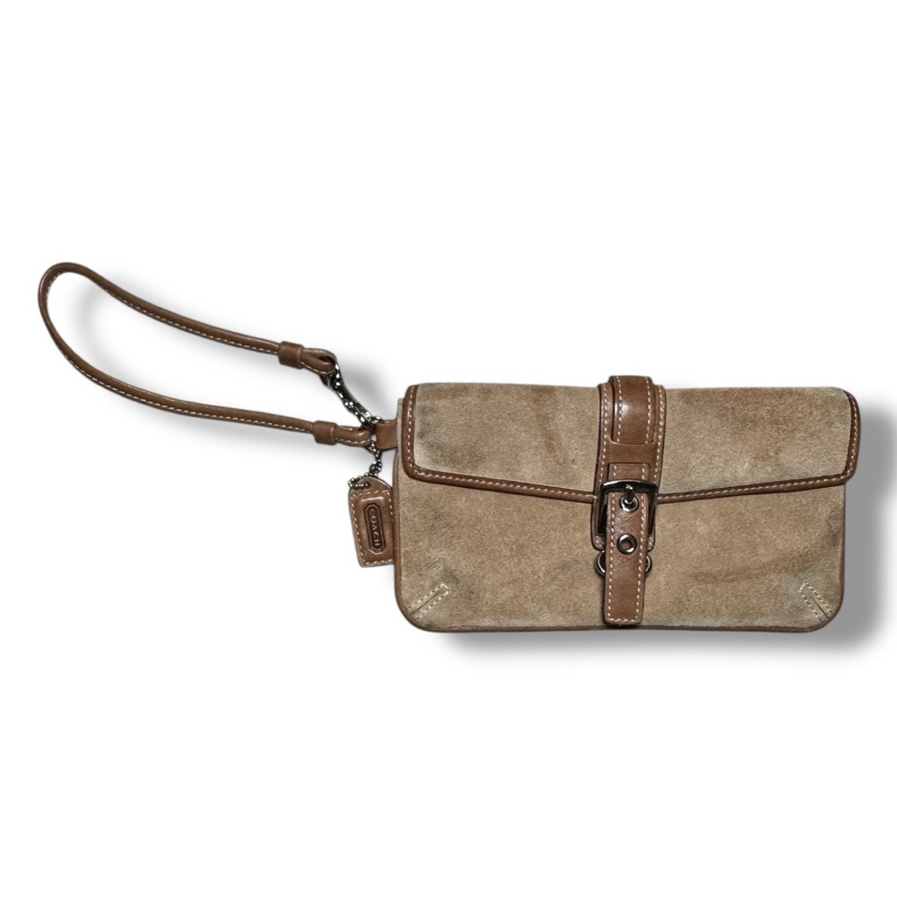 VTG Coach Camel Tan Suede Leather Cell Phone Buckle Wristlet Small Wallet